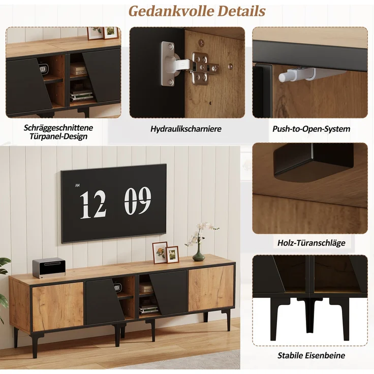 TV-Schrank 160x36,5x45 cm in Naturholzoptik mit 4 Fächern & diagonalen Türen – Bild 5