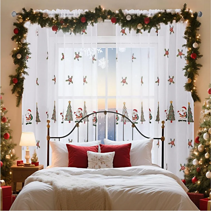 FOUORTUNATE-BEE Vorhang Weihnachtsvorhänge 2er-Set 130×245 cm mit gesticktem Deko-Motiv, Transparente Weihnachtsvorhänge mit Baum- und Santa-Stickerei – Bild 3