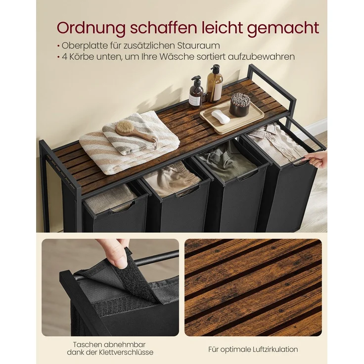 Vasagle Wäschekorb mit 4 Fächern, 4x40 L, Metallrahmen vintagebraun-schwarz, 72 x 33 x 116 cm – Bild 2