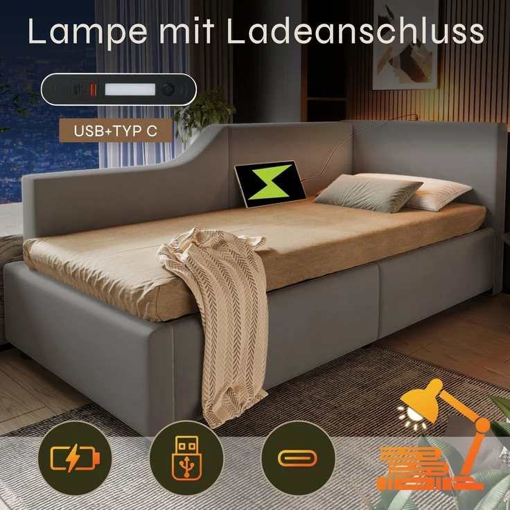 EINHOM Polsterbett Tagesbett Daybett 90 x 200 cm, Schlafsofa mit Hydraulischem Stauraum, Leselichtfunktion und USB-C-Ladefunktion, Kinderbett Jugendbett Bettgestell mit Lattenrost aus Holz, Samt, Grau, (Ohne Matratze) – Bild 5