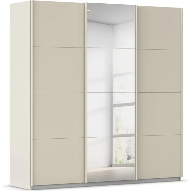 Rauch Möbel Kulmbach, Kleiderschrank mit Schwebetüren für Schlafzimmer, Kinderzimmer, Flur, 3-türig, mit Spiegel und Soft-Close-Funktion, Zubehör Premium, Farbe Beige, Breite 203 cm