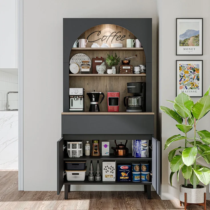 Roomart Küchenschrank VENEDIK 90×179×42 cm – Moderner Buffet- & Mehrzweckschrank mit Schublade, Türen & verstellbaren Einlegeböden – Mikrowellenschrank & Aufbewahrungsschrank für Küche, Esszimmer & Wohnzimmer • Anthrazit-Eiche – Bild 3