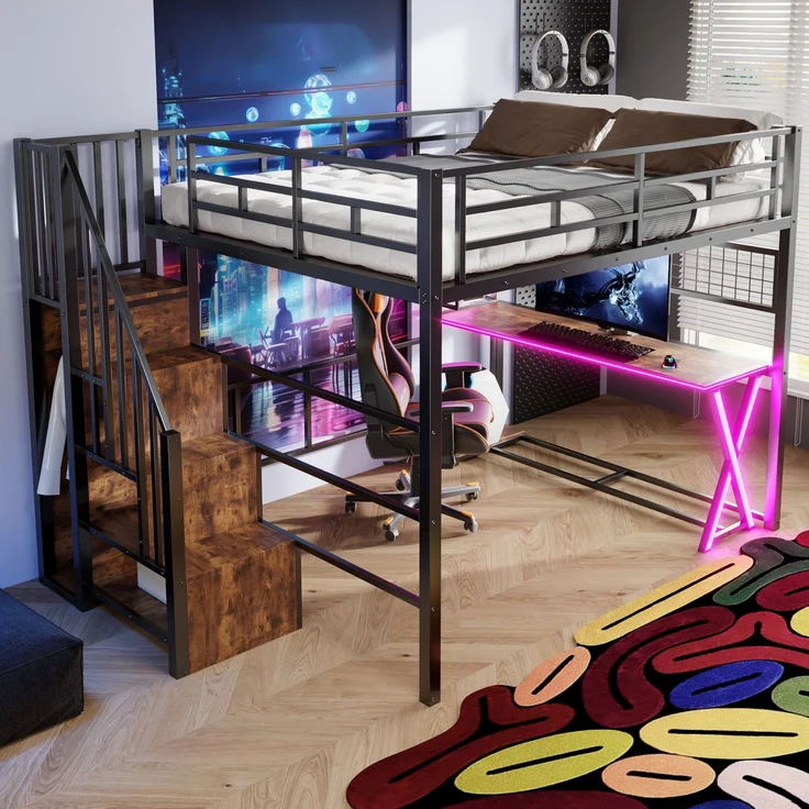 EINHOM Hochbett, 160*200cm , Mit LED-Leuchten, Ablageleiter, Schreibtisch, Kleiderschrank, Regale, ohne Matratze, Schwarz – Bild 5