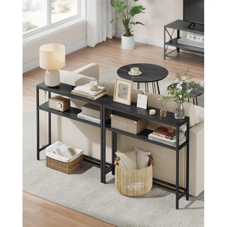 VASAGLE Konsolentisch, schmaler Sofatisch mit 2 Ablagen, 20 x 80 x 80 cm, Flurtisch, 2 Ebenen, für Flur, Wohnzimmer, Schlafzimmer, anthrazitgrau-tintenschwarz LNT130B22 – Bild 2