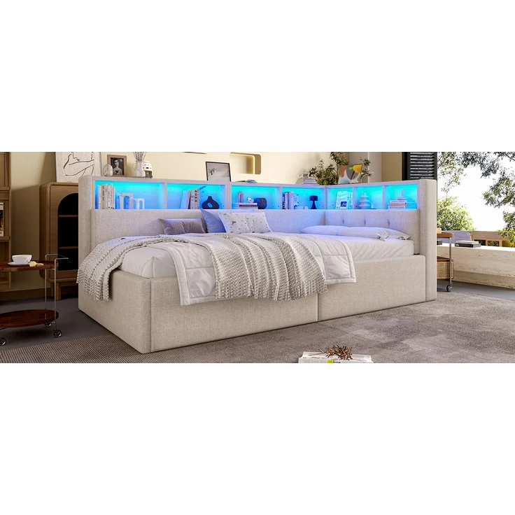 ZUBALIYA Schlafsofa / Tagesbett, mit hydraulische Aufbewahrungsfunktion und mehrfarbiger LED-Streifenbeleuchtung, 90 x 200 cm, Leinen, Beige, fürs Schlafzimmer, mit Stauraum, mit LED, Samt – Bild 24