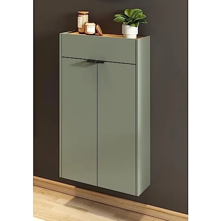 Lomadox Schuhschrank ABERDEEN-01 grün mit Eiche Nb, ideal für schmale Flure, 56/97/22 cm