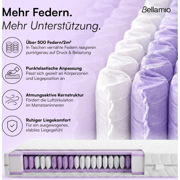 Bellamio 'Lift' Taschenfederkernmatratze 90x200cm, ergonomische 7 Zonen Matratze H3 mittelfest, punktelastisch, wendbar, atmungsaktiver & waschbarer Bezug, aus zertifizierten Materialien – Bild 2