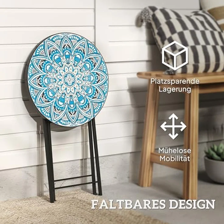 Outsunny Gartentisch mit Mosaik-Design, Ø35,5 x 55 cm, Rund, wetterfest, aus Metall (klappbar Balkontisch, 1-St, Beistelltisch), für Wohnzimmer, Büro, Outdoor, Indoor, Blau – Bild 5