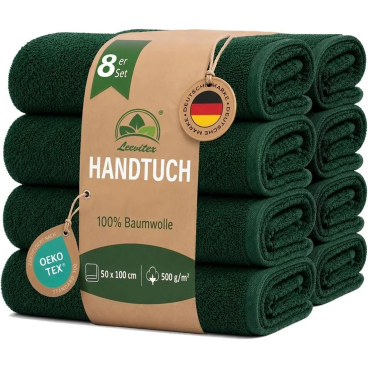 leevitex® Handtücher 8er-Set, 50 × 100 cm, aus 100% Baumwolle, Dunkelgrün, Frottee (Set, 8-St), OEKO-TEX® STANDARD 100 zertifiziert und hochwertig verarbeitet