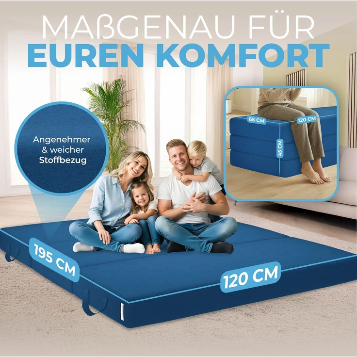 Klappmatratze 90x200 cm, 75x195 cm, Bestschlaf, 15 cm hoch, waschbar, versch. Größen & Farben, geeignet für Hausstauballergiker – Bild 2