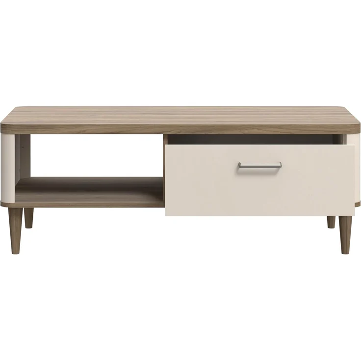 Forte LACETTI Couchtisch 120, moderner Sofatisch mit Skandi Lamellen Design, 1 Schublade, Kaschmir | Beige mit Valencia Eiche Holzdekor, 120 cm breit x 43,7 cm hoch x 60 cm tief – Bild 5