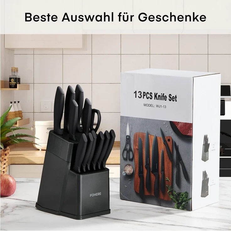 FOHERE Messer-Set aus hochwertigem Edelstahl, mit ergonomischen Griffen (13-tlg), Inkl. integriertem Schärfblock, spülmaschinenfest & rostfrei – Bild 2