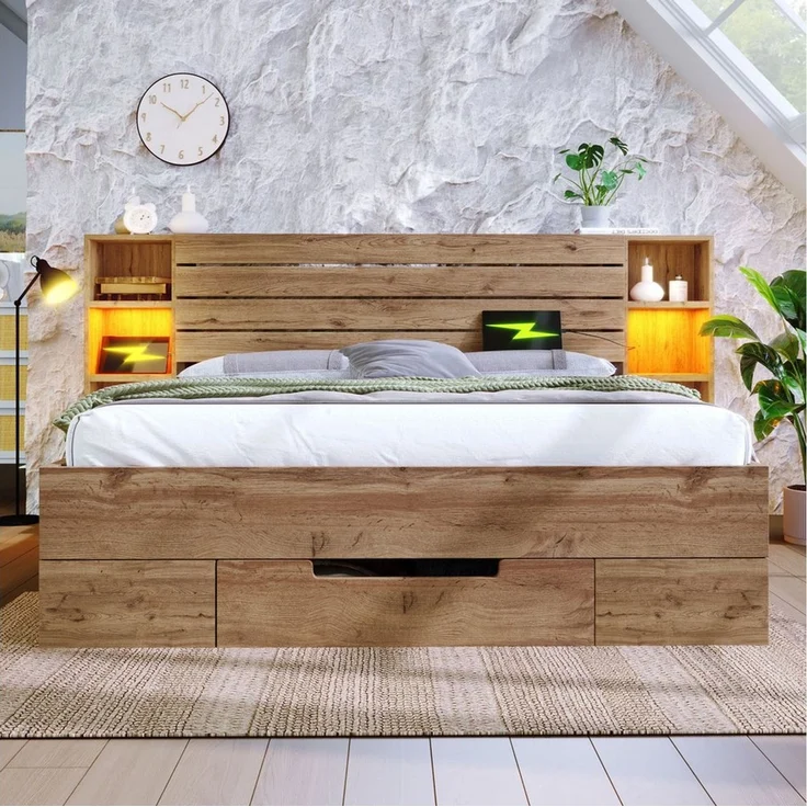 Flieks Holzbett, LED Doppelbett 180×200cm mit Aufladen, Stauraumfächer und Schubladen – Bild 2