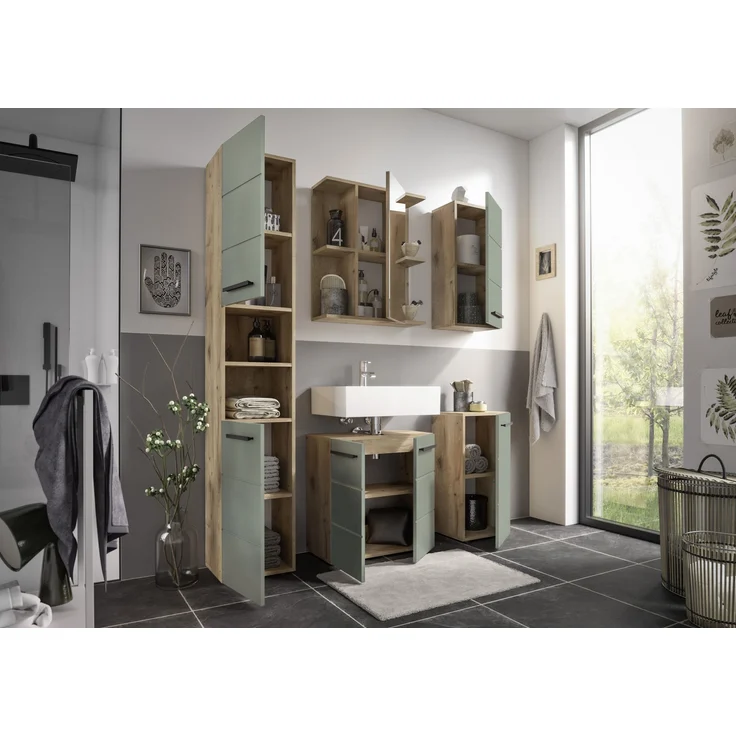 Hochschrank >Vista < 2 Türen, 6 Fächer, schilfgrün / viking oak Dekor - 34x190x31cm (BxHxT) – Bild 5