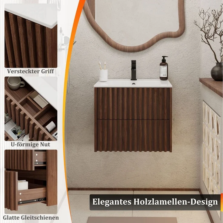 UEV Unterschrank Waschtischunterschrank mit Schubladen Lamellen Badezimmerschrank Badezimmmer Schrank für Gäste WC – Bild 3