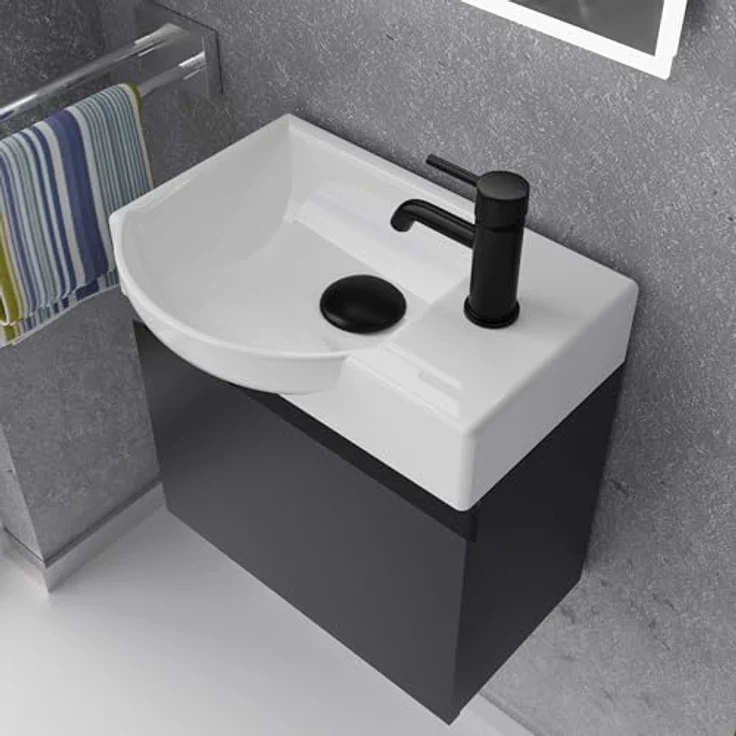 Alpenberger Badmöbel-Set - Gäste WC Waschbecken mit Unterschrank 45 cm Breit, (Badschrank 2-tlg, Waschtisch hängend), Waschbeckenunterschrank mit Softclose - Schwarz - Links Becken – Bild 4