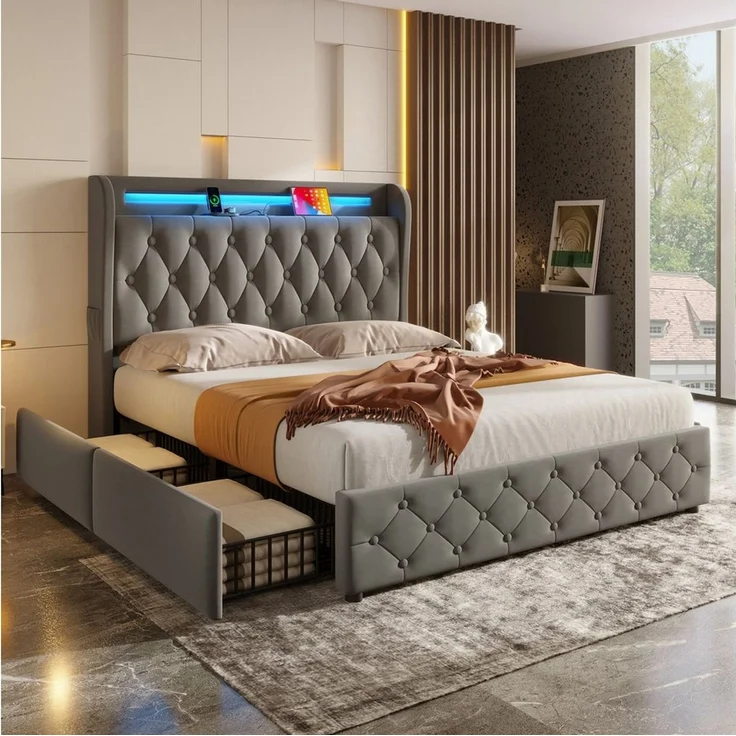 STILVORA Polsterbett 140x190 Stauraumbett mit Schubladen Jugendbett mit LED Samt-Stoff (Packung, 1-tlg, Kopfteil mit Einlegeböden und Stauraum), Doppelflachbett mit 4 Schubladen, Samt (ohne Matratze) – Bild 5