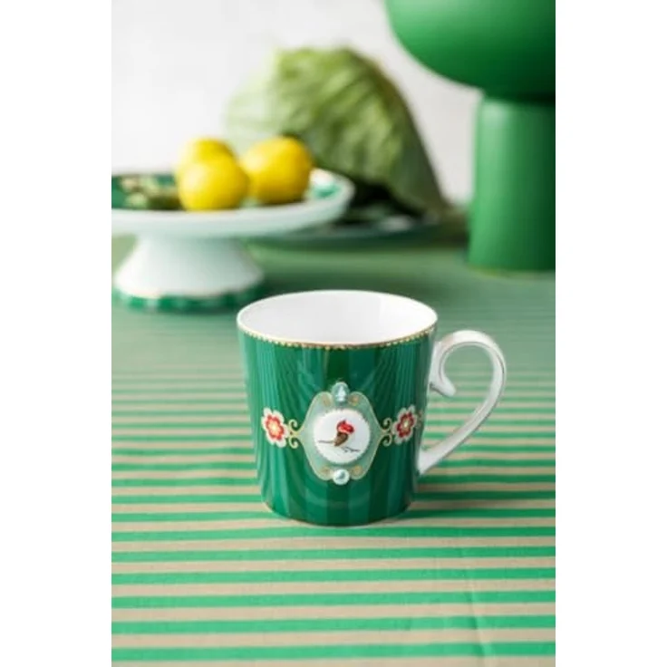PiP Studio Becher Love Birds Medallion Henkelbecher Stripes grün 250ml, Bone China, Mug Large Love Birds Medallion Stripes Emerald-Green 250ml – Bild 4