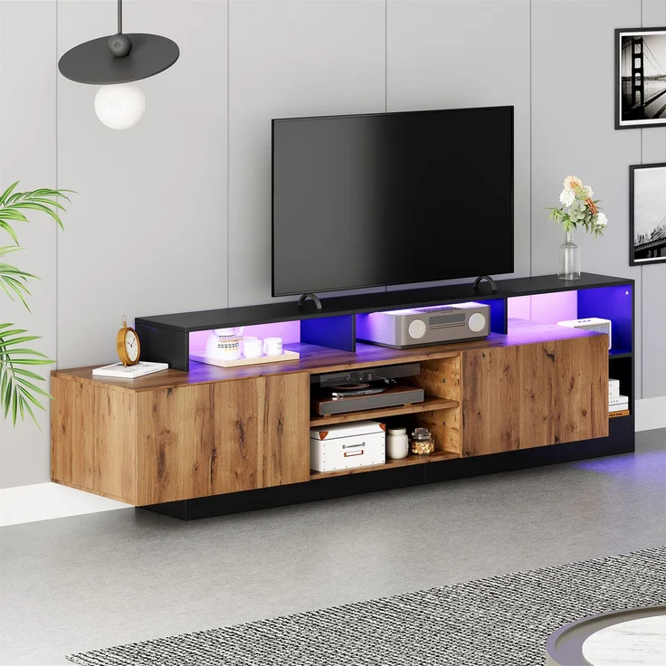 TV-Schrank in Holz & Schwarz,mit 2 herunterklappbare Türen, offene mittige Schubladen, LED-Fernbedienung 16 Farben 4 Modi – Bild 6