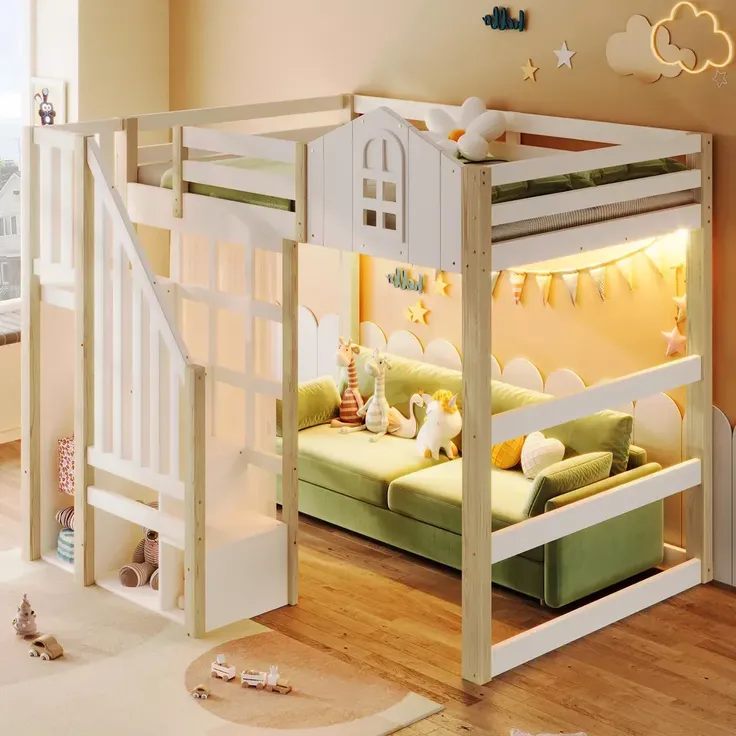 Hochbett mit LED-Beleuchtung, Lattenrost, Rausfallschutz, Treppe und Gardine, 140x200 cm, Kinderbett, Kiefer – Bild 3