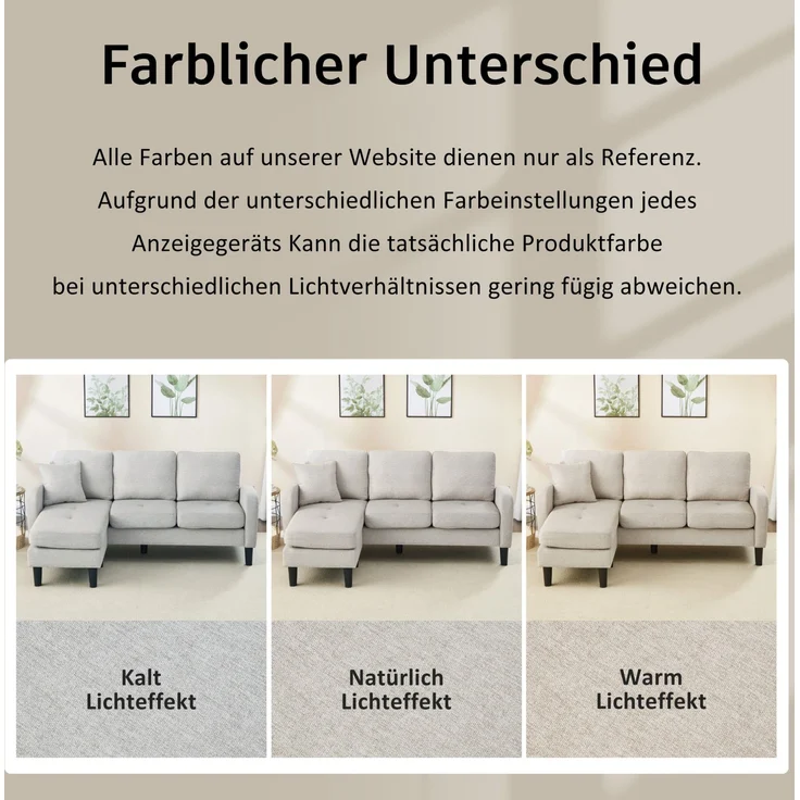 DESVIAE Sofa 3-Sitzer mit flexibler Chaiselongue 166x77x118 cm Baumwoll-Leinen-Bezug Beige Grau/Weiß – Bild 5