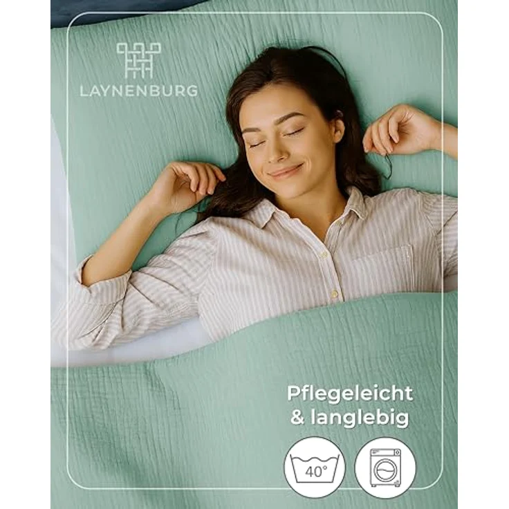 Laynenburg Bettwäsche Musselin aus 100% Baumwolle in 135x200 oder 155x220 cm, atmungsaktiv & bügelfrei – 3 lagig mit Reißverschluss & Haltebändern – Bild 8