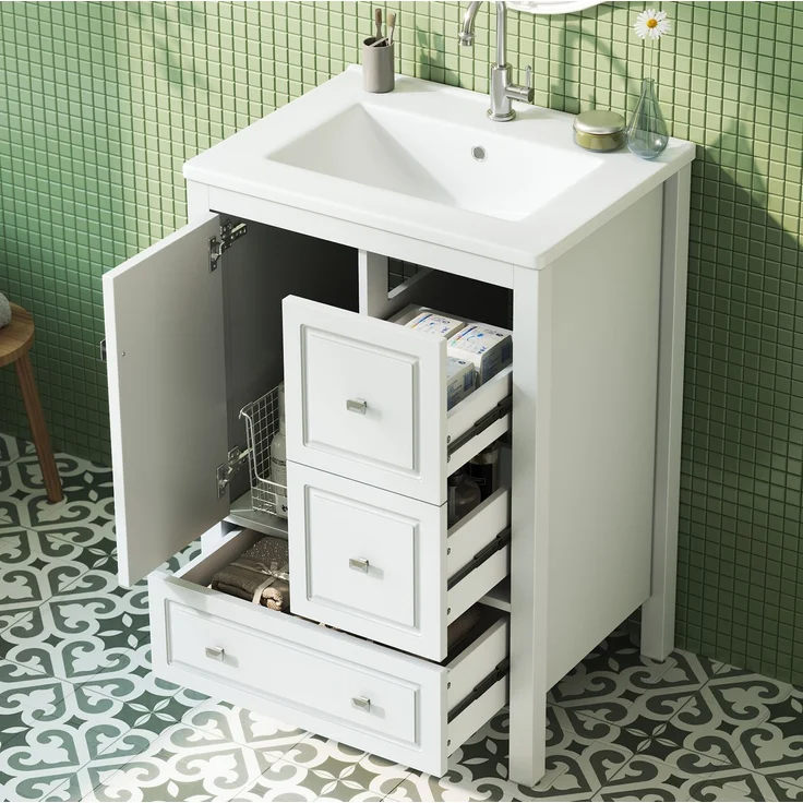 Freistehender Waschtisch 62x47x90 cm mit Keramikbecken und 3 Schubladen – Weiß – Bild 2