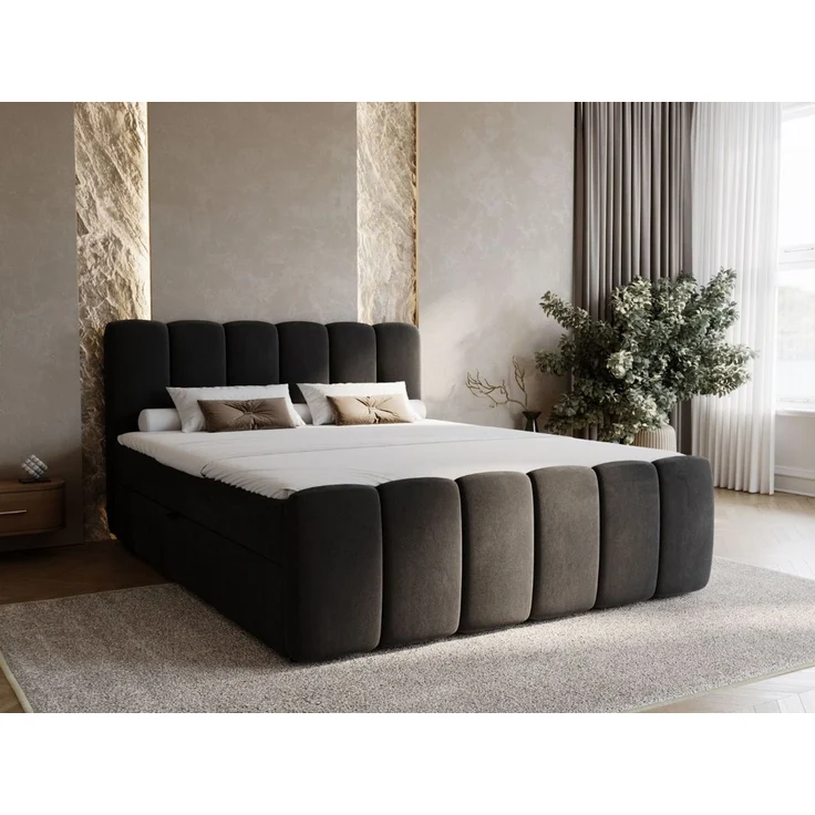 GRAINGOLD Cloud Boxspringbett 160x200, Bett mit Bettkasten, Velour-Stoff, mit Kopfteil, Schwarz – Bild 1