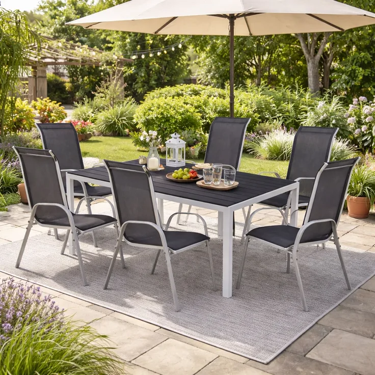 7tlg Alu Gartenmöbel Gartengarnitur 150x90cm Stapelstuhl Textilen