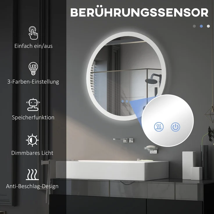 Badspiegel 70x70 x H 3 cm aus Glas und Metall mit LED-Licht und Entnebelungsfunktion – Bild 4