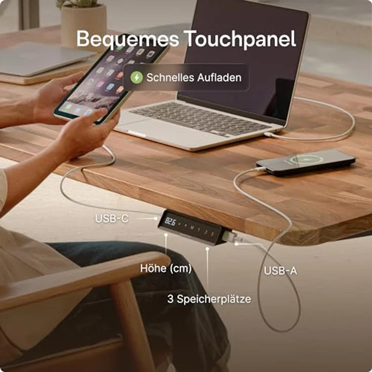Desktronic Höhenverstellbarer Schreibtisch aus massivem Nussbaumholz (140x70 cm) – Elektrisch höhenverstellbar mit flüsterleisem Dual-Motor & Touchscreen – Hohe Tragfähigkeit – Stehtisch HomePro – Bild 7