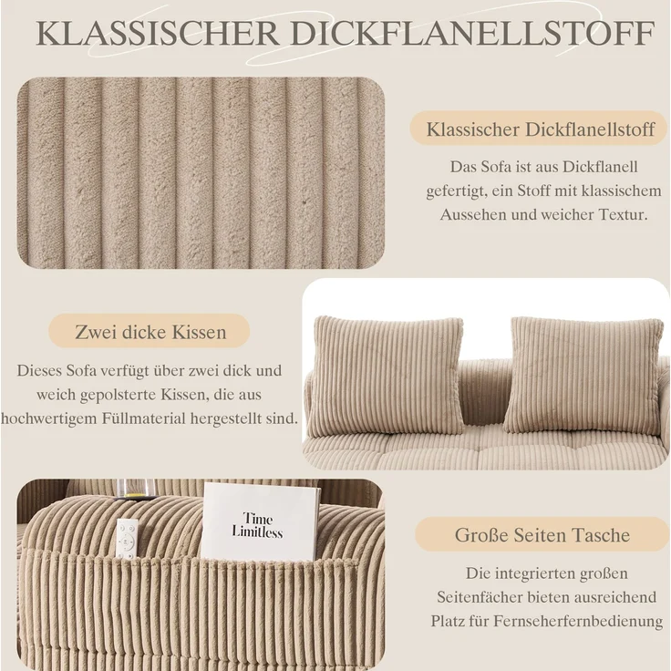 2-Sitzer Sofa, Cord mit Seitenfächern & Becherhaltern, 158x93x61 cm, Khaki – Bild 6