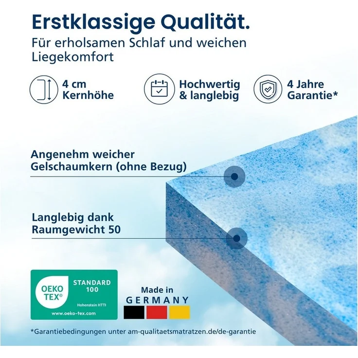 AM Qualitätsmatratzen, Topper Gelschaum weich, Basic Geltopper ohne Bezug, RG50, Made in Germany, H2, 4 cm hoch, 80x200 cm – Bild 3