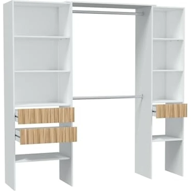 Dmora - Kleiderschrank Worland, Schlafzimmermöbel, Kleiderbügel mit Regalen und 3 Schubladen, 196 x 40 x 187 cm, Weiß und Eiche – Bild 5