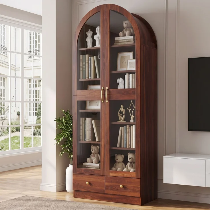 Vitrine 76 x 40 x 180 cm aus MDF und Glas, Nussbaum-Optik mit Bogenprofil – Bild 1
