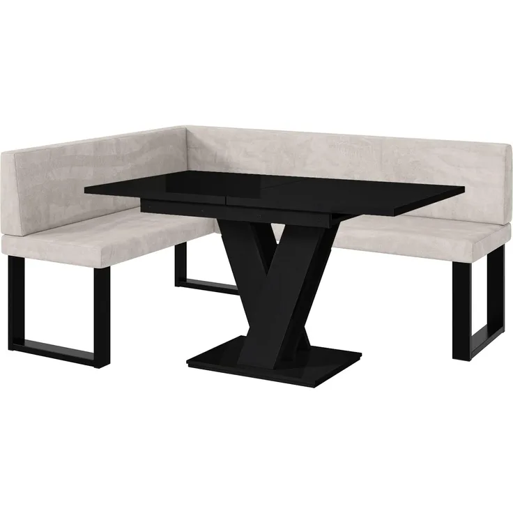 MEBLINI Eckbank für Esszimmer mit ausziehbarem Tisch - Küchenbank - Essecke - Sitzecke Küche - TONI - U-Beine 128x168x87cm Links - Beige Samt/M Schwarz Hochgl.