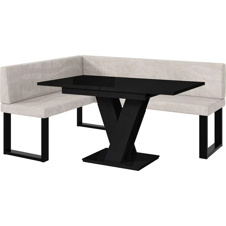 MEBLINI Eckbank für Esszimmer mit ausziehbarem Tisch - Küchenbank - Essecke - Sitzecke Küche - TONI - U-Beine 128x168x87cm Links - Beige Samt/M Schwarz Hochgl. – Bild 1