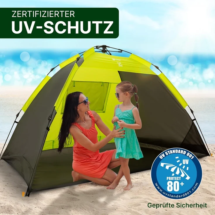 EXPLORER XXL Automatik Strandmuschel mit UV Schutz 80+ [220 x 150 x 130 cm] kleines Packmaß leicht und schnell in Sekunden aufgebautes Strandzelt Sonnenschutz Muschel automatisch Windschutz grün – Bild 6