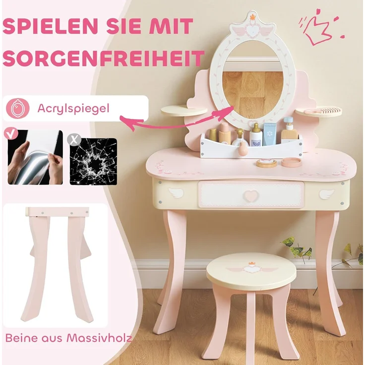 AIYAPLAY Schminktisch mit Hocker, Schublade, abnehmbar Spiegel, Regal, 7 Spielzubehörteilen (Frisiertisch, 2-St, 2-in-1-Kosmetiktisch), für Kinder ab 3 Jahre, Rosa – Bild 6