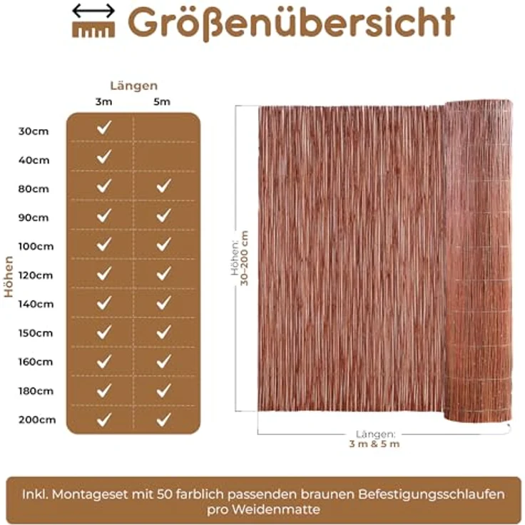 BOOGARDI Weidenmatte - 20 Größen - Weidenzaun 80 cm hoch x 300 cm lang - Sichtschutzmatte Balkonverkleidung Gartenzaun Sichtschutz Zaun Garten Balkon Sichtschutzzaun Holz Weide – Bild 7