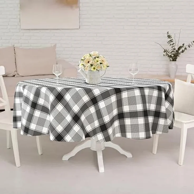 Buffalo Plaid ovale Tischdecke 152,4x213,3 cm, schwarz-weiß, rustikal im Landhausstil. Wasserdicht, Polyester, perfekt für Bauernhaus, Küche, drinnen & draußen, Partys und Picknicks – Bild 7