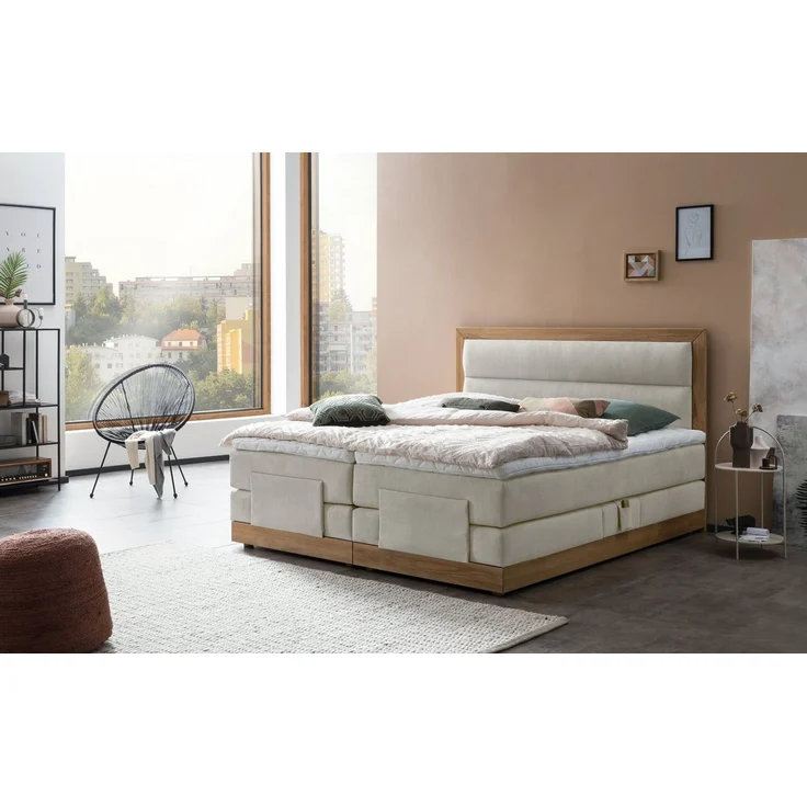 Belanoti Boxspringbett MODELA (Boxspringbett 160x200 elektrisch verstellbar Bett 160x200 mit Motor, 7-Zonen Taschenfederkern Matratze inklusive Visco Topper), in der Farbe Beige H2/H3 Polsterbett Motorbett mit Eiche – Bild 1