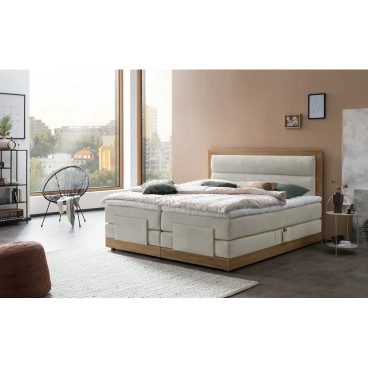 Belanoti Boxspringbett MODELA (Boxspringbett 160x200 elektrisch verstellbar Bett 160x200 mit Motor, 7-Zonen Taschenfederkern Matratze inklusive Visco Topper), in der Farbe Beige H2/H3 Polsterbett Motorbett mit Eiche
