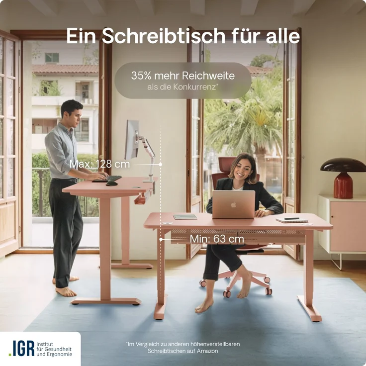 Desktronic HomePro Elektrisch höhenverstellbarer Schreibtisch 120x60cm Schwarz/Rosa mit Memory-Funktion, Anti-Kollisions Technologie, USB-A und USB-C-Ladeanschlüssen – Bild 7