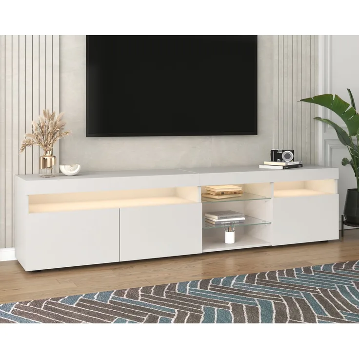 TV-Schrank 180 cm mit LED-Beleuchtung, Lowboard Sideboard Medienmöbel in Weiß Hochglanz mit Glaslaminat