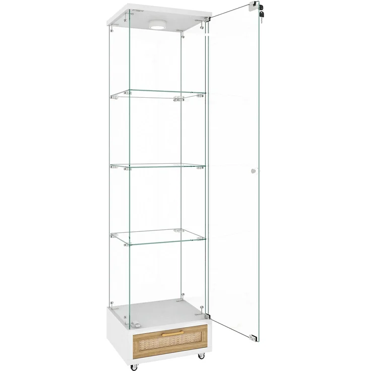 Moderne Glasvitrine mit Schubladen,Vitrine mit LED-Beleuchtung,Bücherregal aus gehärtetem Glas,Eintüriger Schrank mit vier EinlegebödenGeeignet für Wohn- und Schlafzimmer, weiß-H167/B42.5/T36.5 cm--Weiß--42.5x36.5x167cm--YOUDENOVA – Bild 5