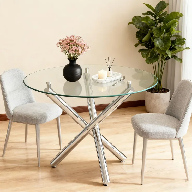 Runder Esstisch 80x80x76 cm aus Glas und Metall, silberfarben, mit stabilem Kreuzfuß
