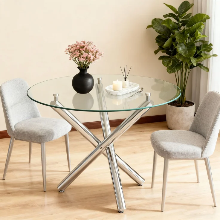 Runder Esstisch 80x80x76 cm aus Glas und Metall, silberfarben, mit stabilem Kreuzfuß – Bild 1