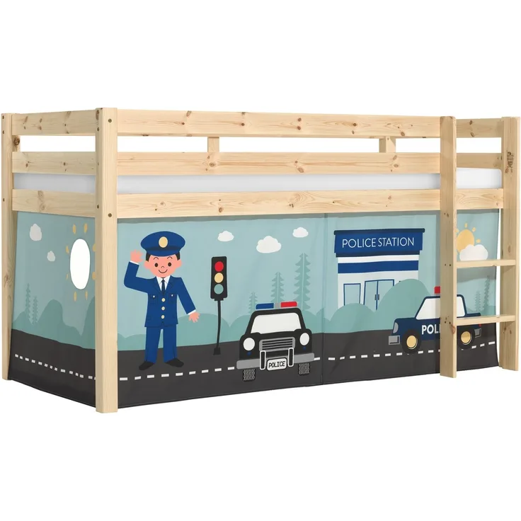 Kinderbett Karolina 210x114x106 Massivholz Natur Textilset Polizei