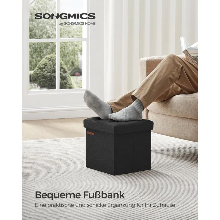 Songmics 30 cm Sitzbank mit Stauraum, klappbare Sitztruhe, Aufbewahrungsbox, Fußbank, basisschwarz LSF028B01 – Bild 4